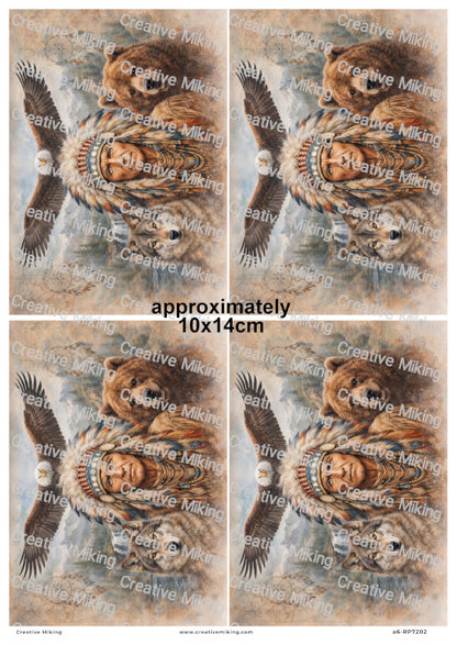 Native American Chief With Bear Wolf And Eagle Decoupage Rice Paper | RP7202