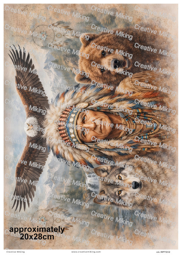 Native American Chief With Bear Wolf And Eagle Decoupage Rice Paper | RP7202