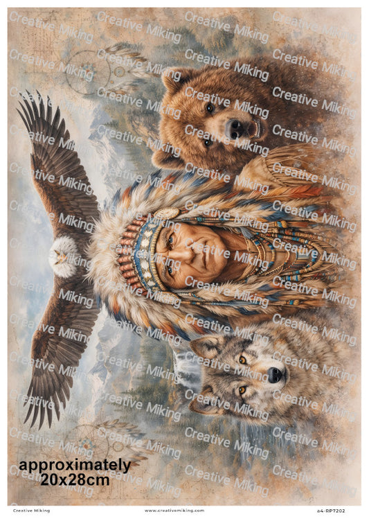 Native American Chief With Bear Wolf And Eagle Decoupage Rice Paper | RP7202