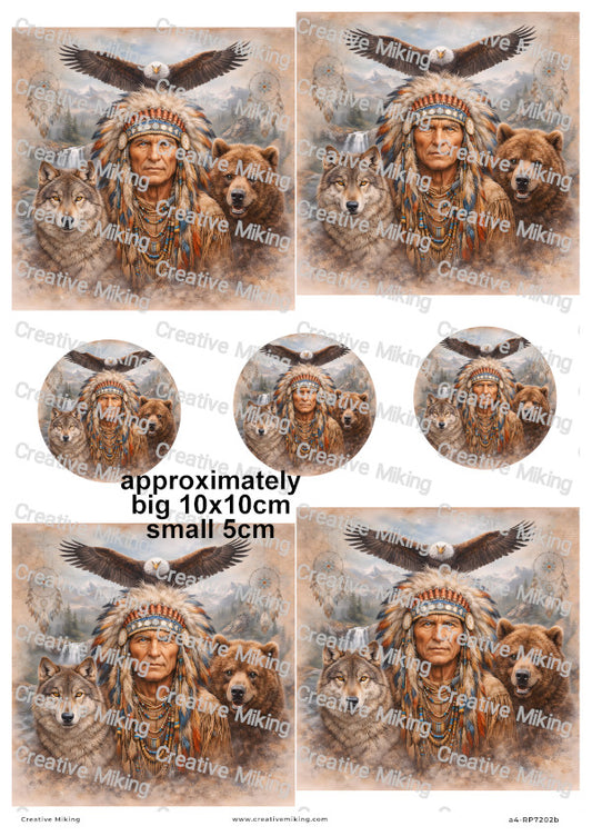 Native American Chief With Bear Wolf And Eagle Decoupage Rice Paper | RP7202b