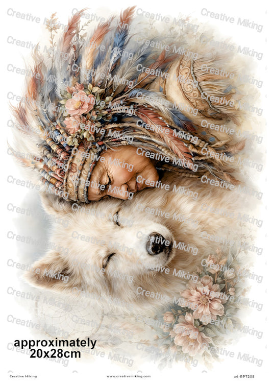 Native American Chief With White Wolf Decoupage Rice Paper | RP7205