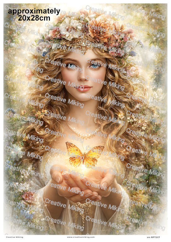 Floral Goddess Woman With Golden Butterfly Decoupage Rice Paper | RP7207