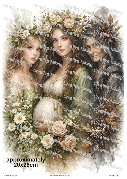 Maiden Mother Crone Triple Moon Pagan Goddess Decoupage Rice Paper | RP7210