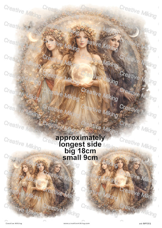 Maiden Mother Crone Full Moon Goddess Round Decoupage Rice Paper | RP7212