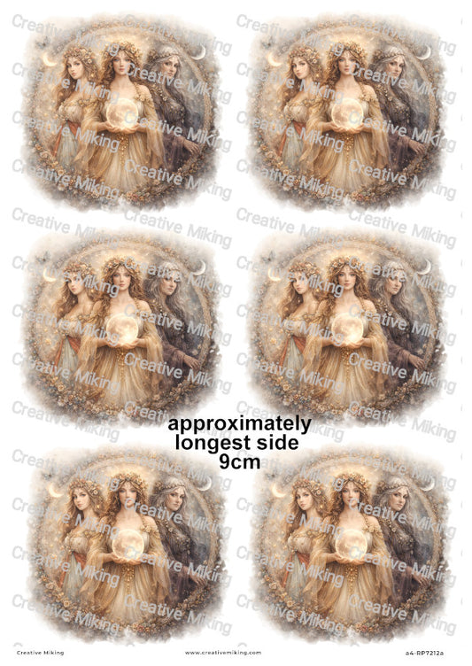 Maiden Mother Crone Full Moon Goddess Round Decoupage Rice Paper | RP7212a