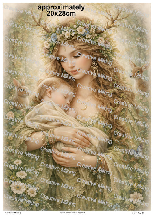 Mother And Child Forest Goddess With Deer Decoupage Rice Paper | RP7218