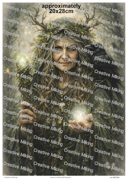 Crone Witch Forest Goddess With Raven Decoupage Rice Paper | RP7219