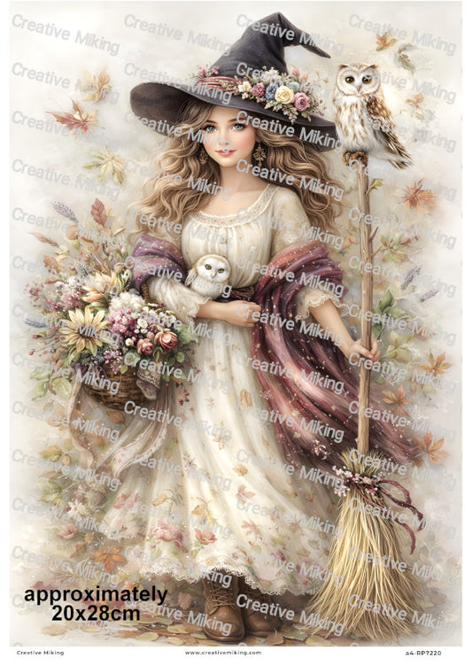 Autumn Witch Girl With Owl And Flowers Decoupage Rice Paper | RP7220