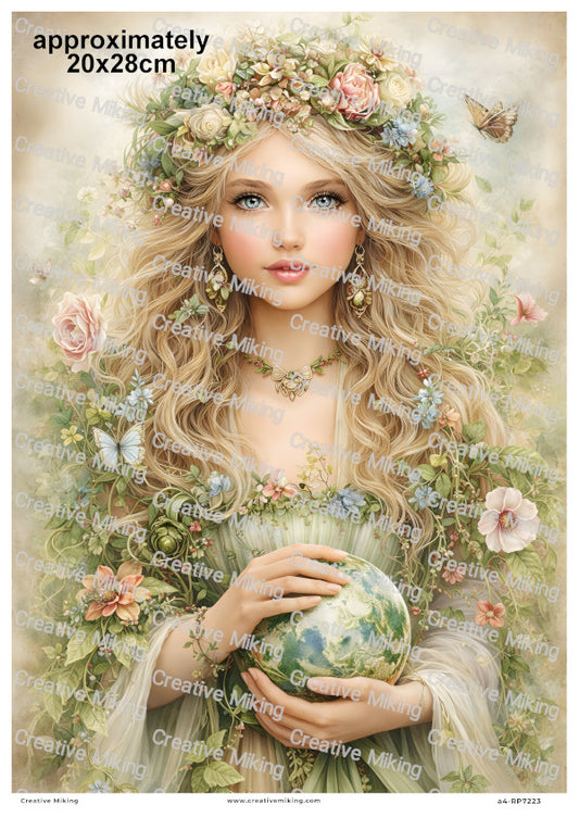 Floral Mother Earth Goddess With Butterflies Decoupage Rice Paper | RP7223