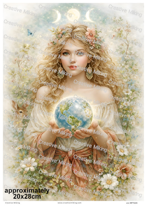 Mother Earth Goddess With Triple Moon And Flowers Decoupage Rice Paper | RP7226