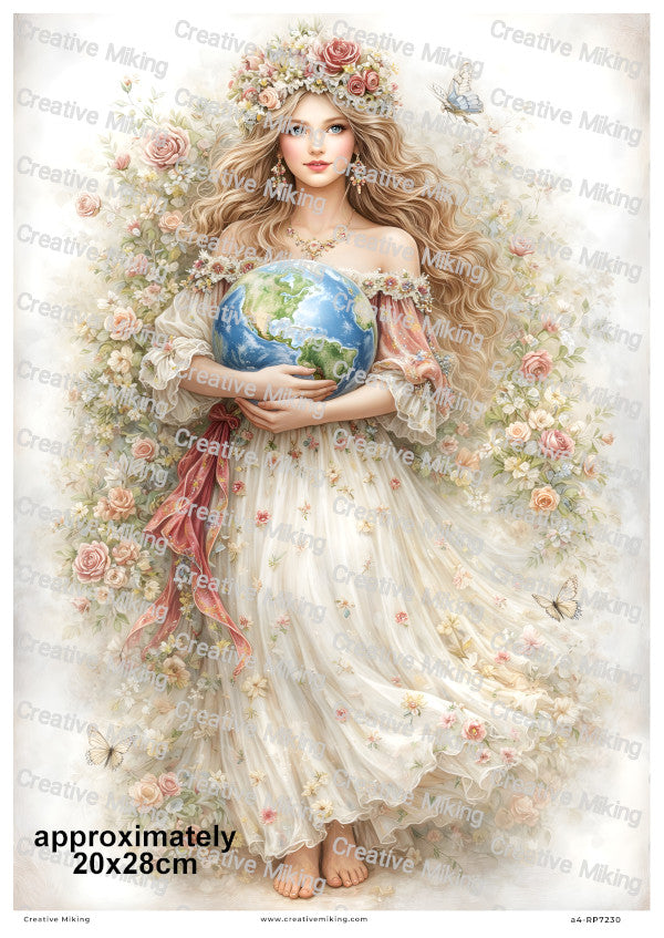 Floral Mother Earth Goddess With Butterflies Decoupage Rice Paper | RP7230