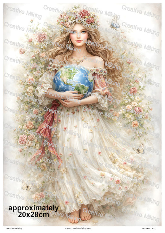 Floral Mother Earth Goddess With Butterflies Decoupage Rice Paper | RP7230