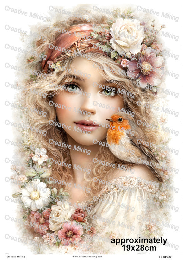 Robin Bird Floral Woman Portrait Decoupage Rice Paper | RP7231
