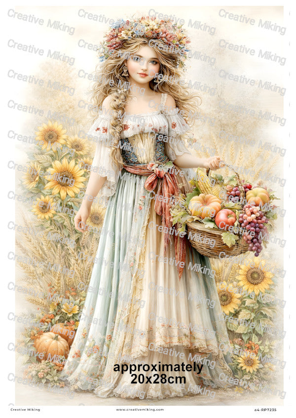 Autumn Harvest Goddess With Sunflowers And Fruits Decoupage Rice Paper | RP7235