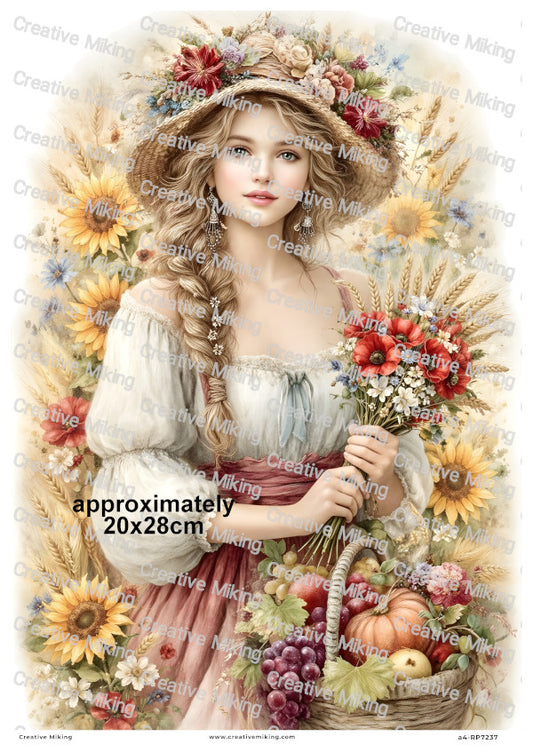Autumn Harvest Girl With Sunflowers And Fruits Decoupage Rice Paper | RP7237