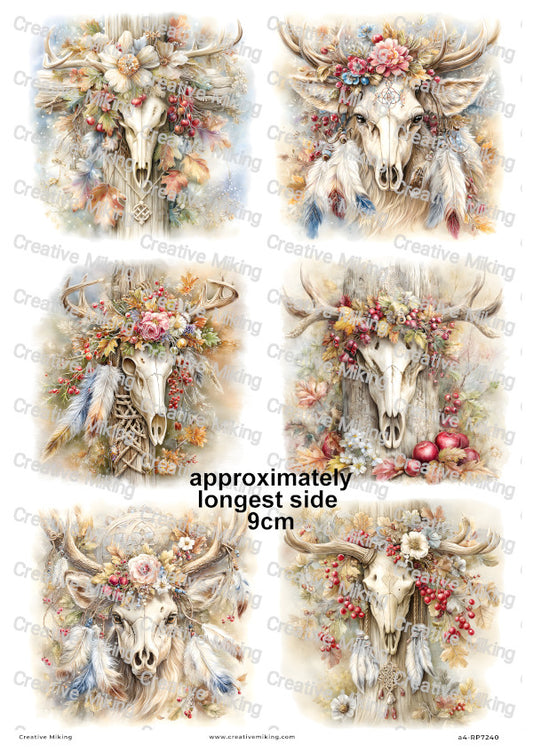 Wiccan Deer Skull With Antlers Feathers And Flowers Decoupage Rice Paper | RP7240