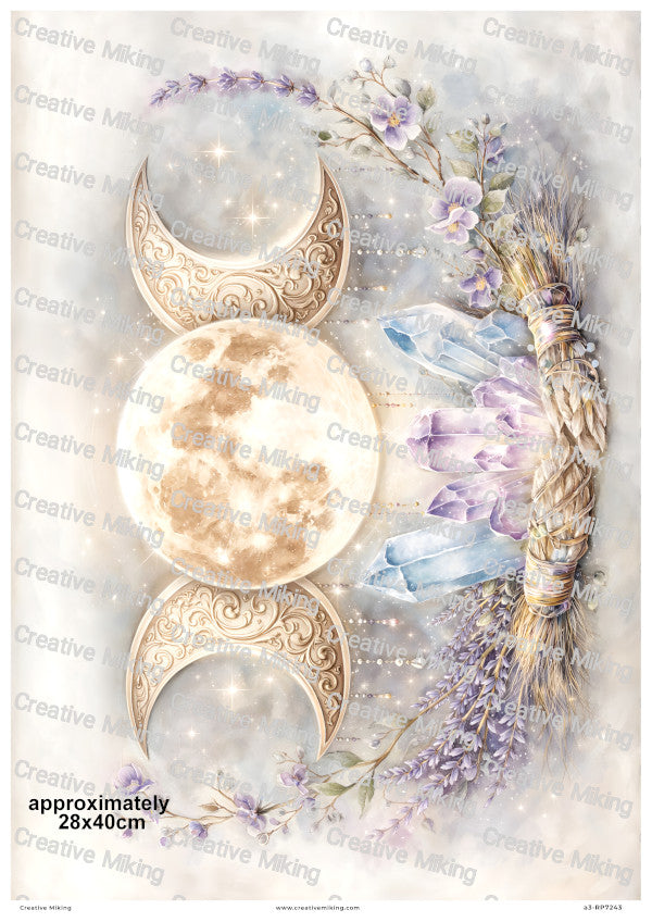 Triple Moon Wiccan Crystals And Lavender Decoupage Rice Paper | RP7243