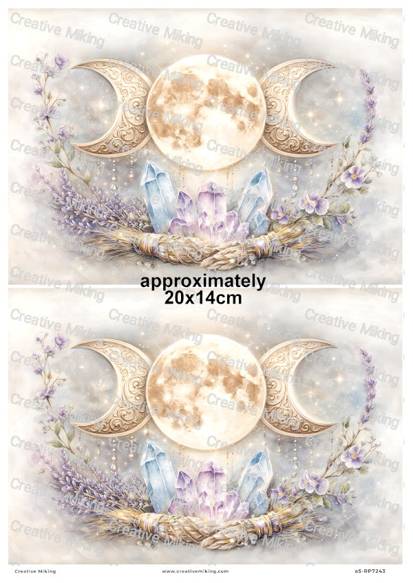 Triple Moon Wiccan Crystals And Lavender Decoupage Rice Paper | RP7243