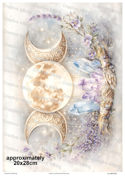 Triple Moon Wiccan Crystals And Lavender Decoupage Rice Paper | RP7243