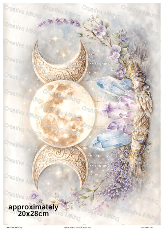 Triple Moon Wiccan Crystals And Lavender Decoupage Rice Paper | RP7243
