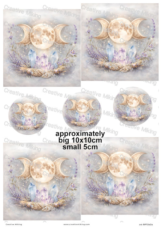 Triple Moon Wiccan Crystals And Lavender Decoupage Rice Paper | RP7243a