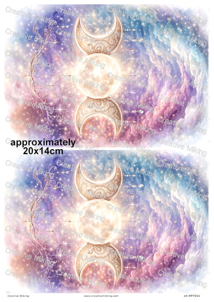 Celestial Triple Moon With Stars And Clouds Decoupage Rice Paper | RP7244