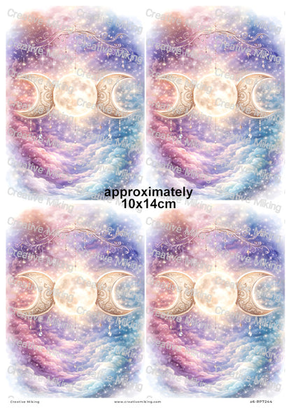 Celestial Triple Moon With Stars And Clouds Decoupage Rice Paper | RP7244
