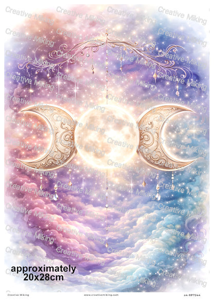 Celestial Triple Moon With Stars And Clouds Decoupage Rice Paper | RP7244