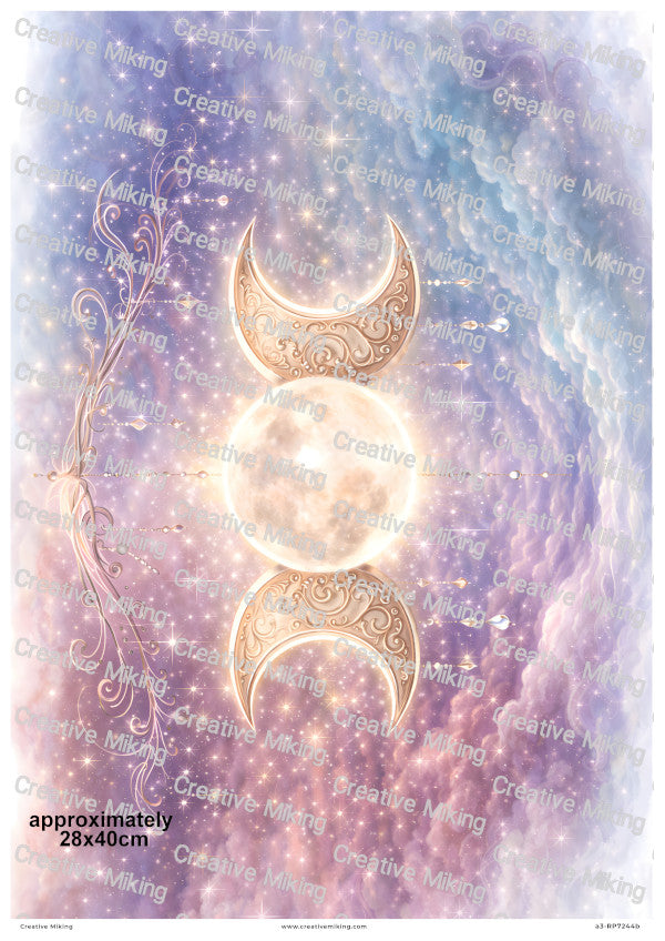 Celestial Triple Moon With Stars And Clouds Decoupage Rice Paper | RP7244b