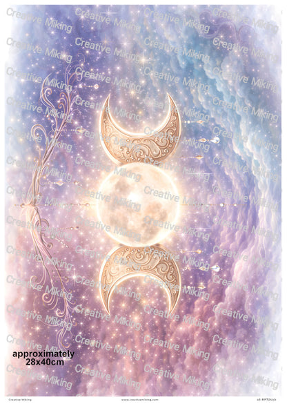 Celestial Triple Moon With Stars And Clouds Decoupage Rice Paper | RP7244b
