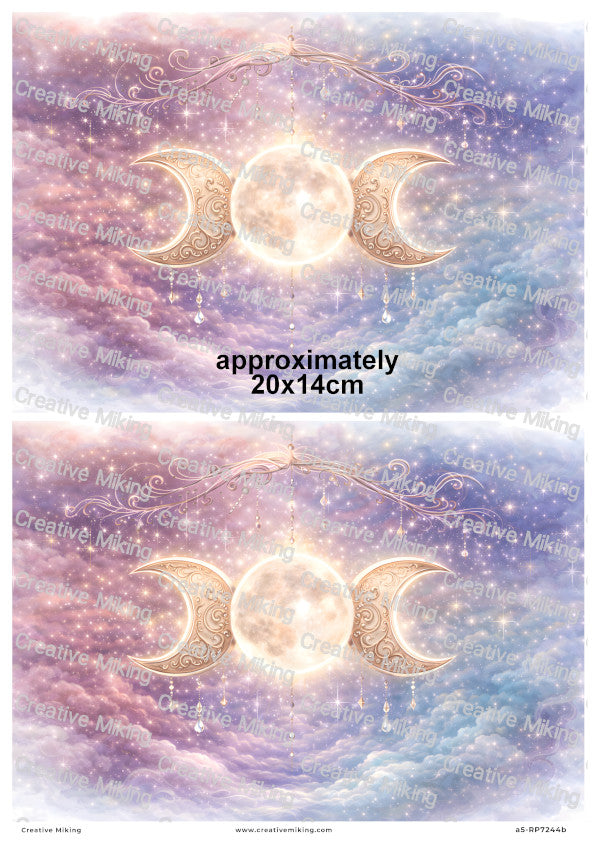 Celestial Triple Moon With Stars And Clouds Decoupage Rice Paper | RP7244b
