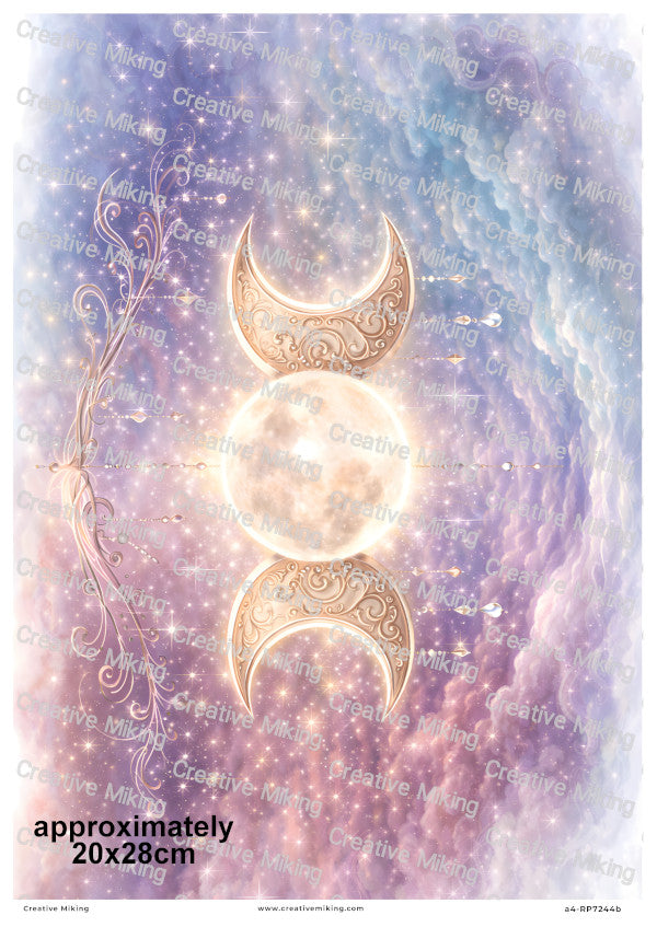 Celestial Triple Moon With Stars And Clouds Decoupage Rice Paper | RP7244b