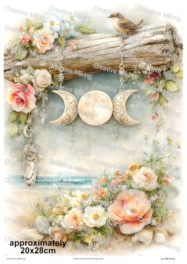 Coastal Triple Moon With Flowers And Driftwood Decoupage Rice Paper | RP7245