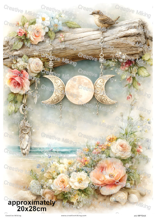 Coastal Triple Moon With Flowers And Driftwood Decoupage Rice Paper | RP7245