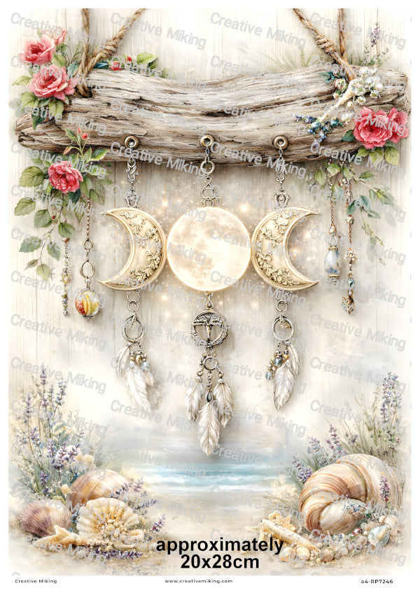 Coastal Triple Moon With Shells And Flowers Decoupage Rice Paper | RP7246