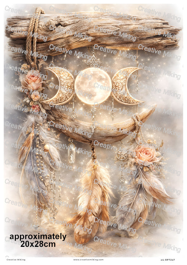 Triple Moon With Feathers And Driftwood Decoupage Rice Paper | RP7247