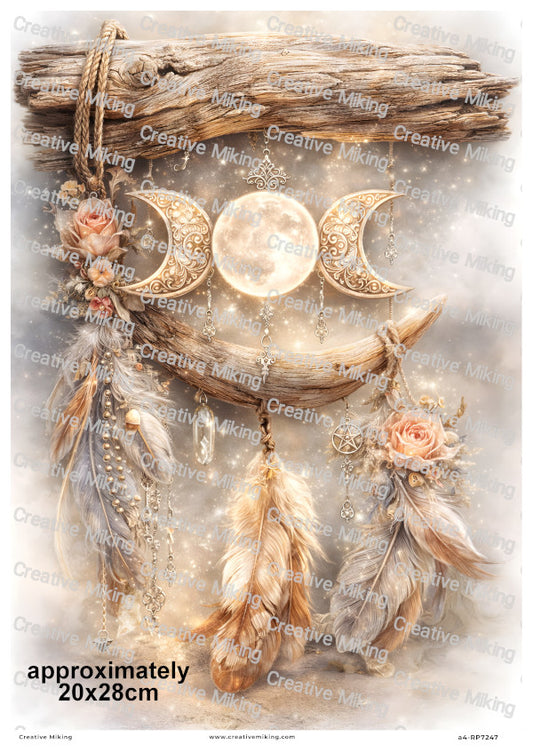 Triple Moon With Feathers And Driftwood Decoupage Rice Paper | RP7247
