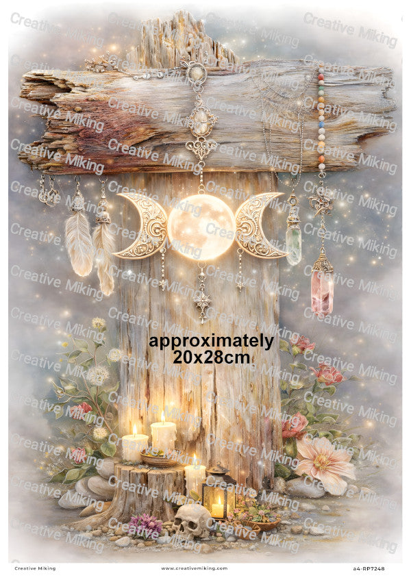 Wiccan Altar With Triple Moon Crystals And Candles Decoupage Rice Paper | RP7248