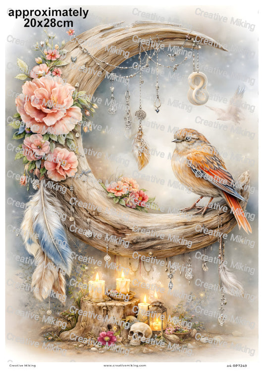 Wiccan Moon Altar With Robin Bird Candles And Skull Decoupage Rice Paper | RP7249