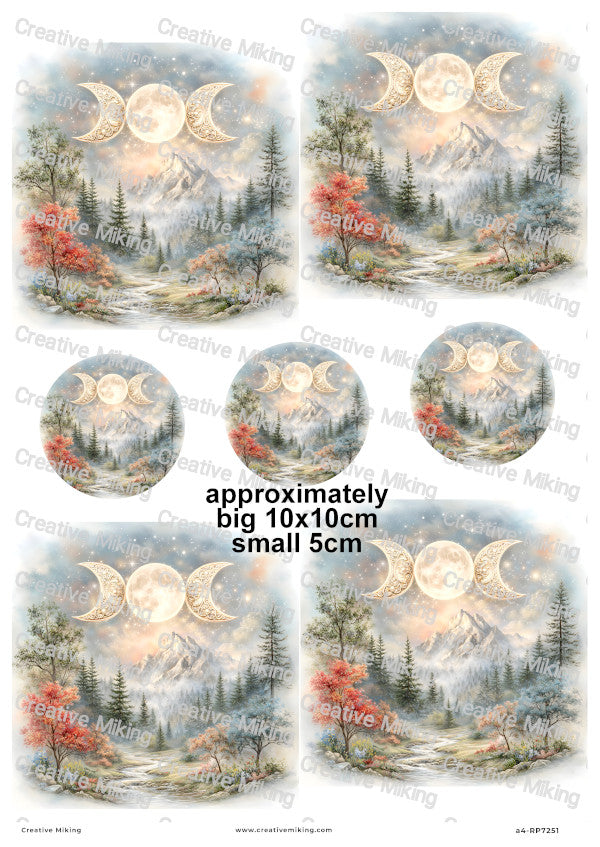 Mountain Forest Landscape With Triple Moon Decoupage Rice Paper | RP7251