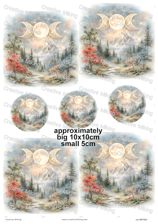 Mountain Forest Landscape With Triple Moon Decoupage Rice Paper | RP7251