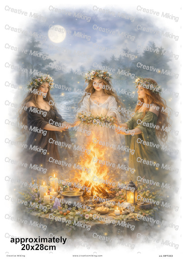 Triple Goddess Wiccan Ritual With Fire And Altar Decoupage Rice Paper | RP7253