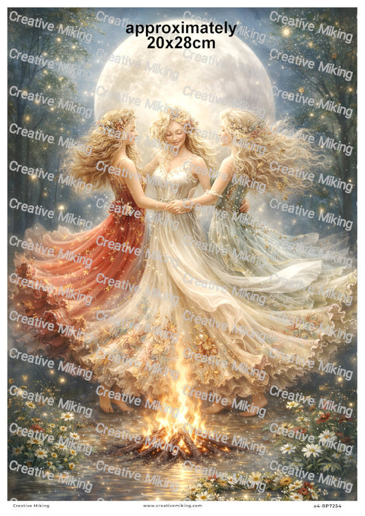 Triple Goddess Dancing Around Fire Under Full Moon Decoupage Rice Paper | RP7254