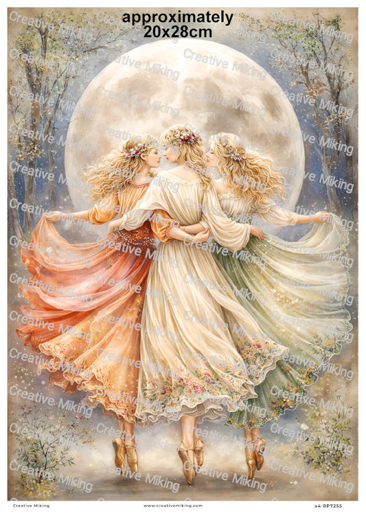 Triple Goddess Dancing Under Full Moon Decoupage Rice Paper | RP7255