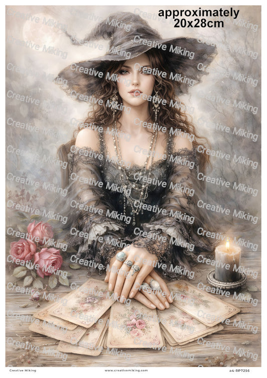 Witch Tarot Reading With Cards And Candle Decoupage Rice Paper | RP7256