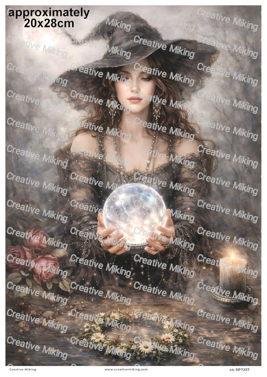 Witch Crystal Ball Fortune Telling With Candle Decoupage Rice Paper | RP7257