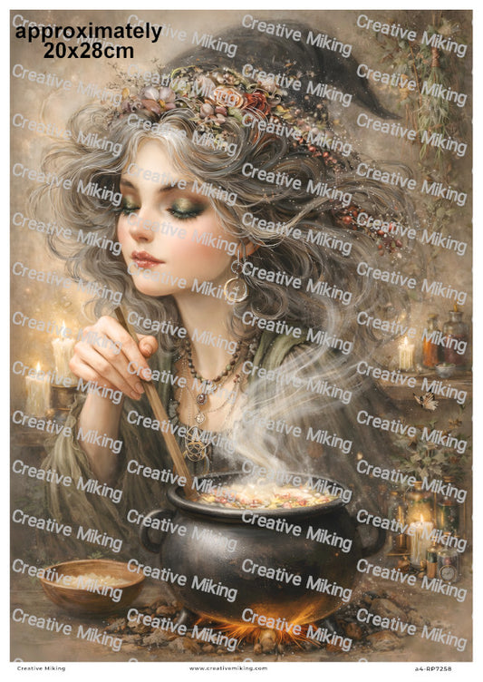 Witch Brewing Potion In Cauldron With Spell Magic Decoupage Rice Paper | RP7258