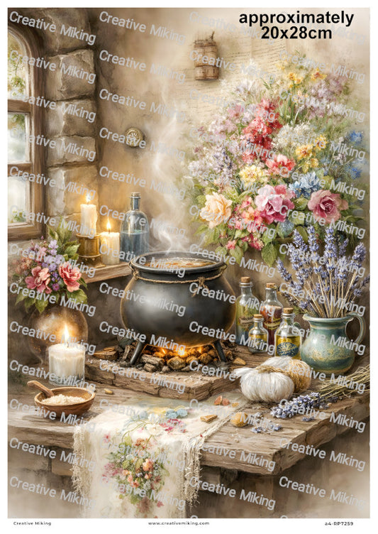 Witch Cauldron With Herbs Bottles And Candles Decoupage Rice Paper | RP7259