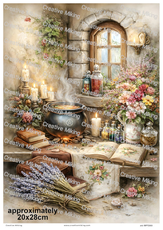 Wiccan Cauldron Altar With Herbs Bottles And Book Of Shadows Decoupage Rice Paper | RP7260