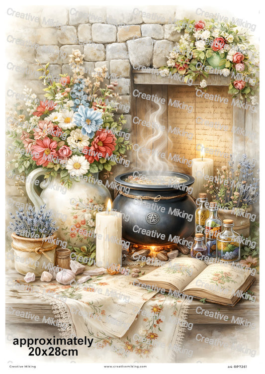 Witch Kitchen Cauldron With Herbs Bottles And Spell Book Decoupage Rice Paper | RP7261